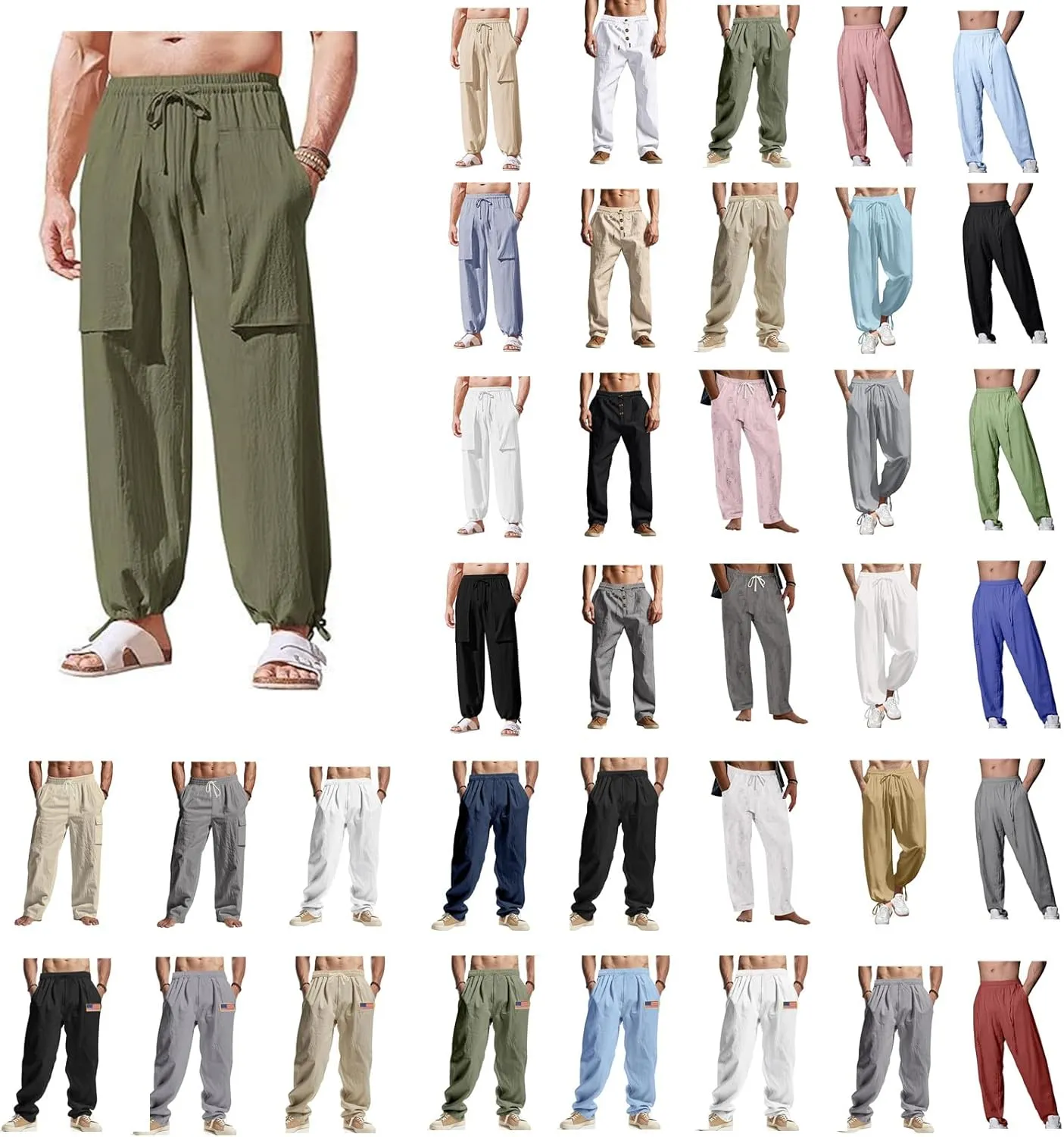 RTTUIOP Linen Pants Men Casual Beach Baggy Relaxed Fit Trousers Lightweight Elastic Waist Summer Pants with Pockets