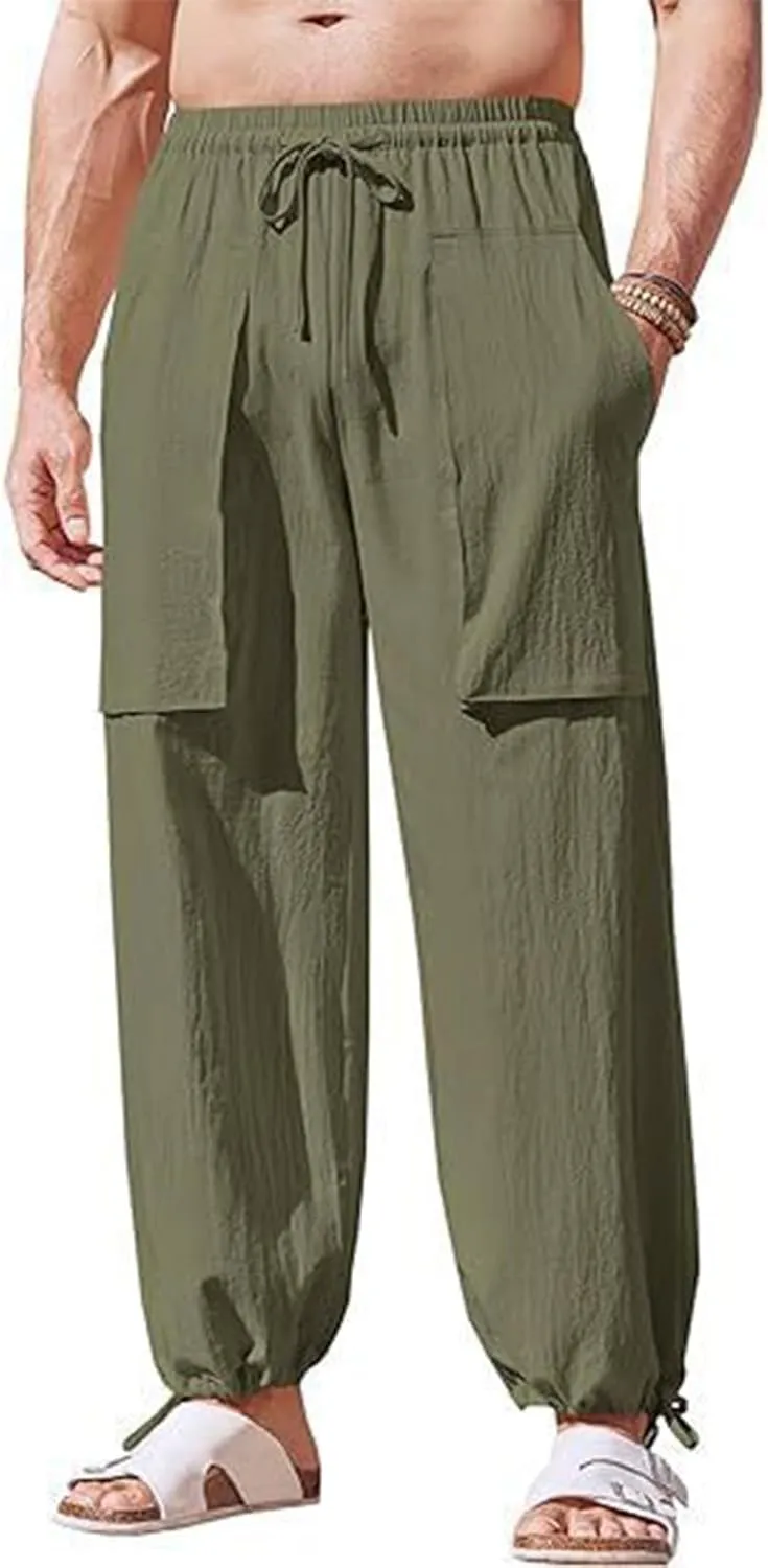 RTTUIOP Linen Pants Men Casual Beach Baggy Relaxed Fit Trousers Lightweight Elastic Waist Summer Pants with Pockets