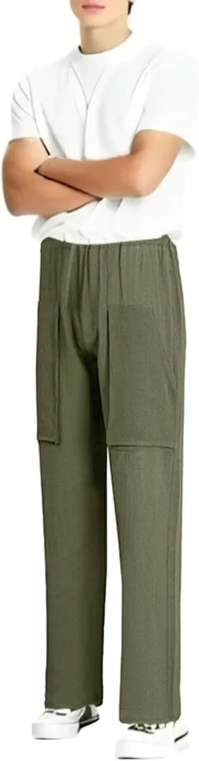 RTTUIOP Linen Pants Men Casual Beach Baggy Relaxed Fit Trousers Lightweight Elastic Waist Summer Pants with Pockets