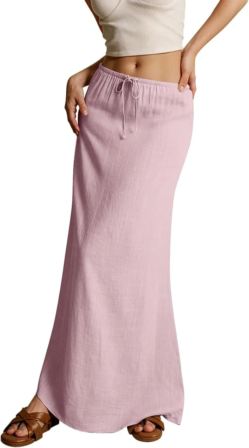 Rvidbe Womens Linen Maxi Skirts 2025 Summer Casual Vacation Boho Elastic Waist Drawstring Flared Flowy A-Line Long Skirt