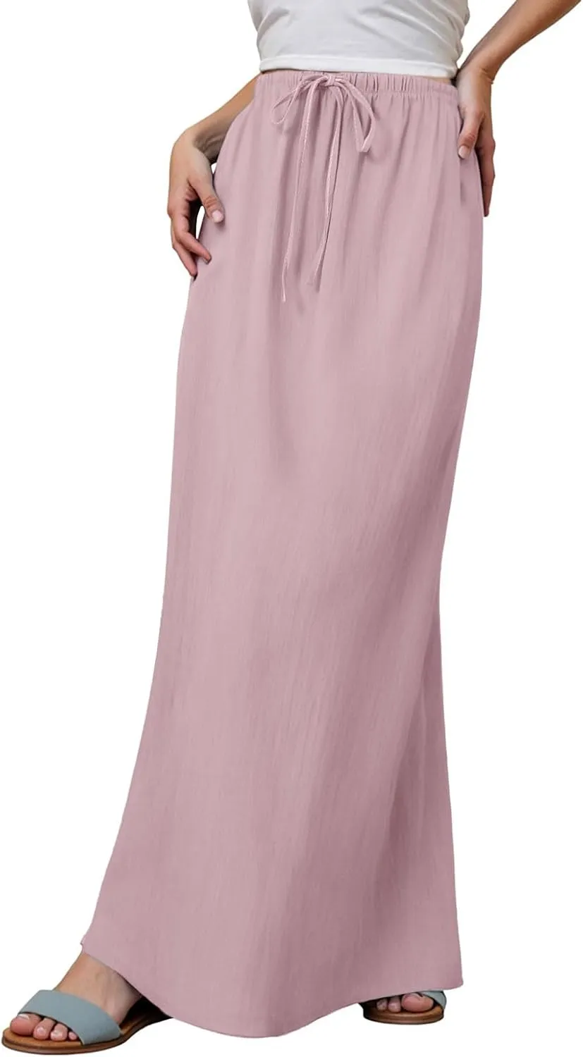 Rvidbe Womens Linen Maxi Skirts 2025 Summer Casual Vacation Boho Elastic Waist Drawstring Flared Flowy A-Line Long Skirt
