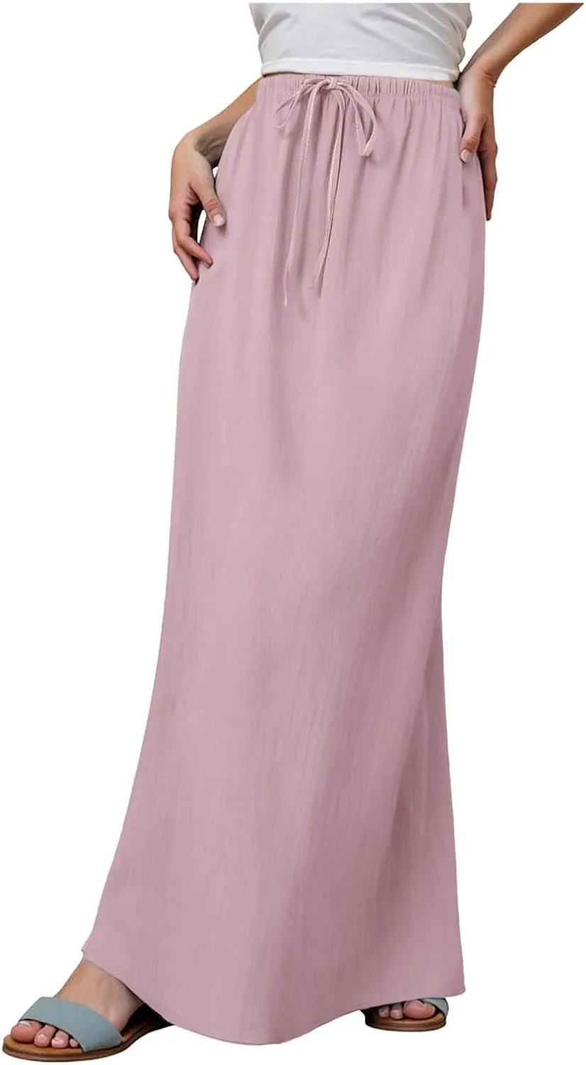 Rvidbe Womens Linen Maxi Skirts 2025 Summer Casual Vacation Boho Elastic Waist Drawstring Flared Flowy A-Line Long Skirt