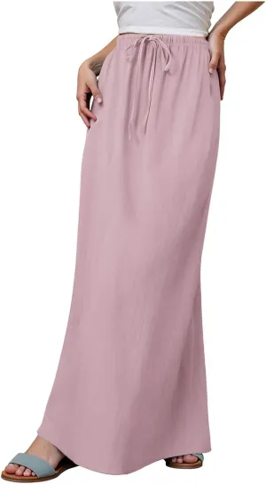 Rvidbe Womens Linen Maxi Skirts 2025 Summer Casual Vacation Boho Elastic Waist Drawstring Flared Flowy A-Line Long Skirt
