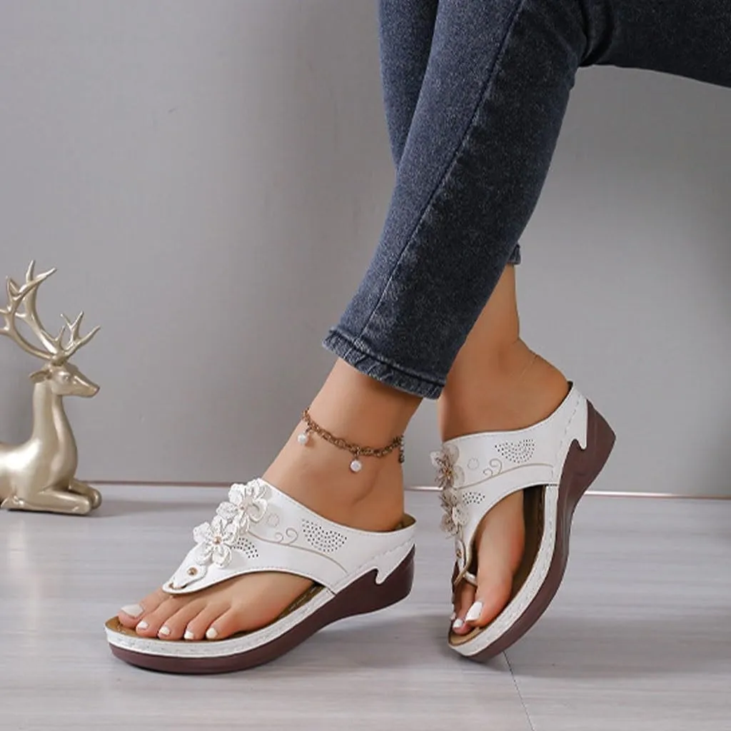 Sandals for Women 2024 Wedge Sandals for Women Flip Flops With Flowers Women's Orthopedic Sandals Slippers Arch Support Summer Peep Toe Slippers Leisure Beach Shoes