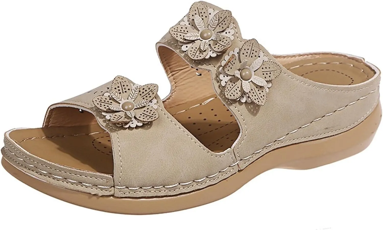 Sandals For Women Flats Open Toe Sandals Hollow Wedge Sandals Orthopedic Arch Support Slip-on Slippers Perforated Backstrap Sandals Flower