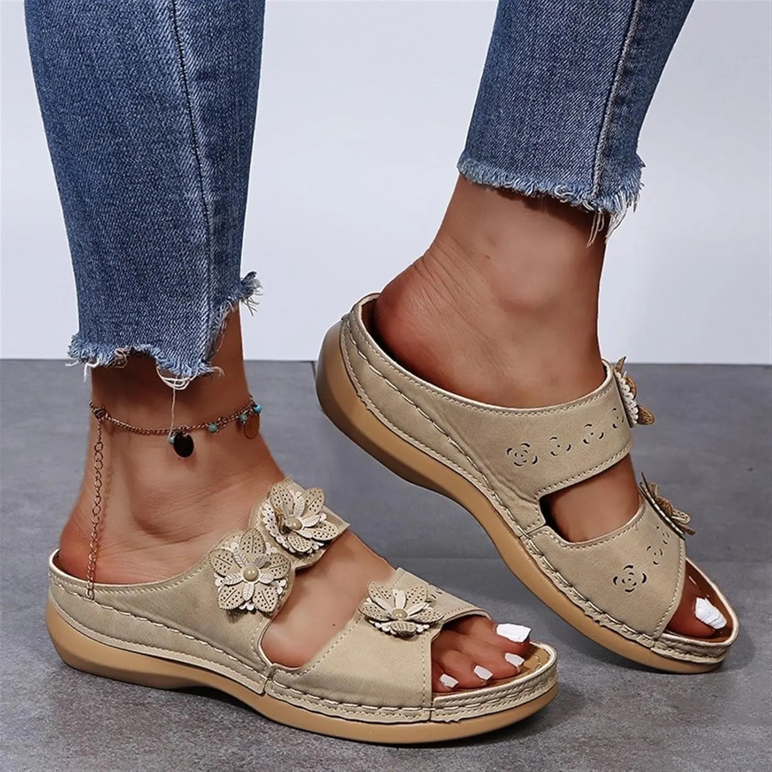 Sandals For Women Flats Open Toe Sandals Hollow Wedge Sandals Orthopedic Arch Support Slip-on Slippers Perforated Backstrap Sandals Flower