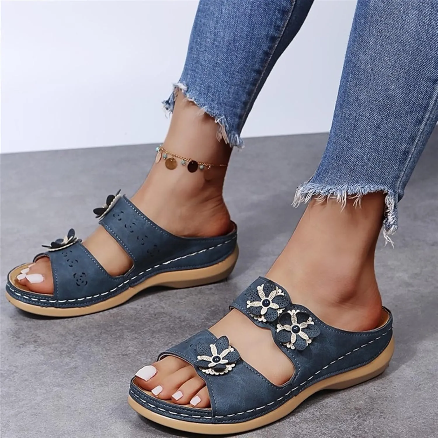 Sandals For Women Flats Open Toe Sandals Hollow Wedge Sandals Orthopedic Arch Support Slip-on Slippers Perforated Backstrap Sandals Flower