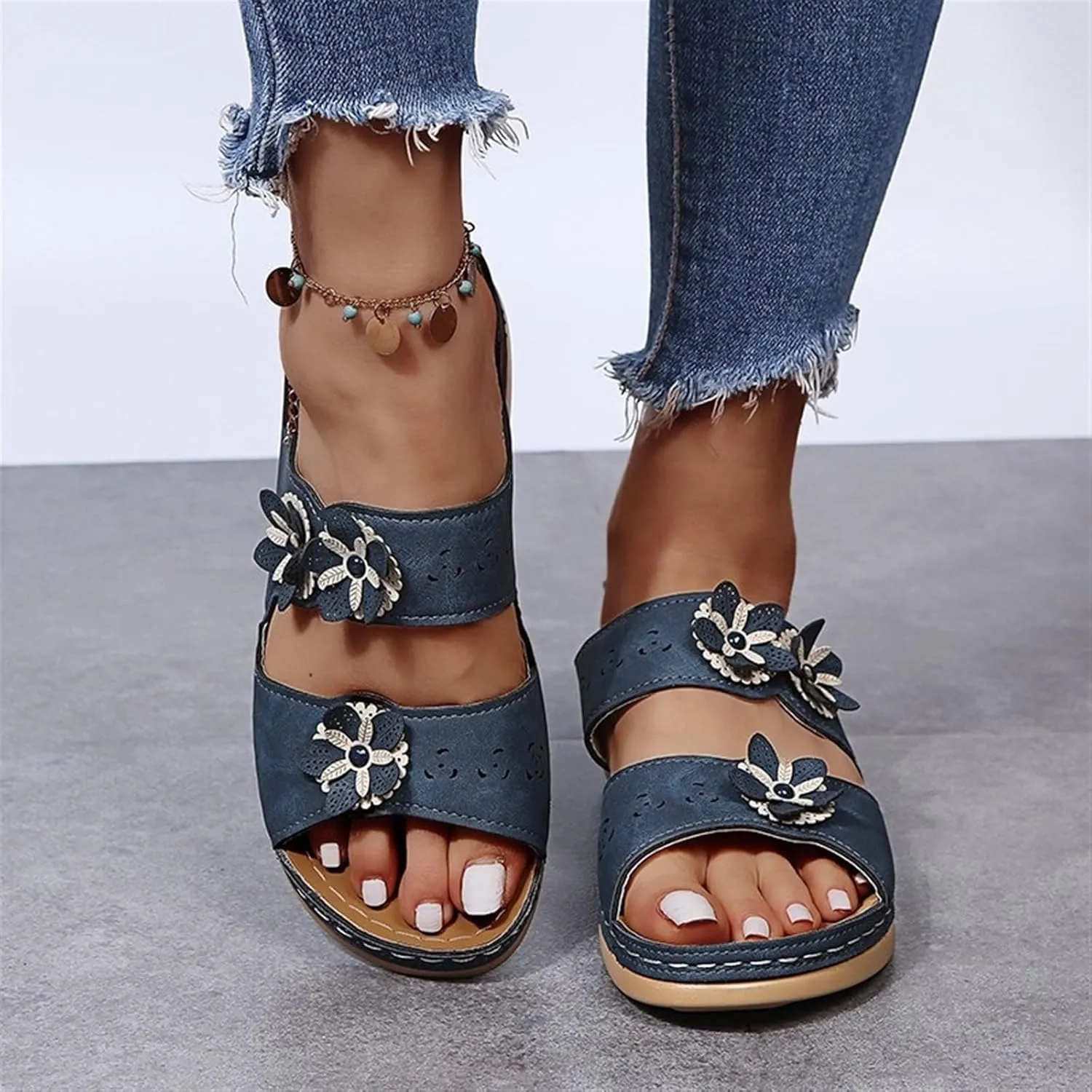 Sandals For Women Flats Open Toe Sandals Hollow Wedge Sandals Orthopedic Arch Support Slip-on Slippers Perforated Backstrap Sandals Flower