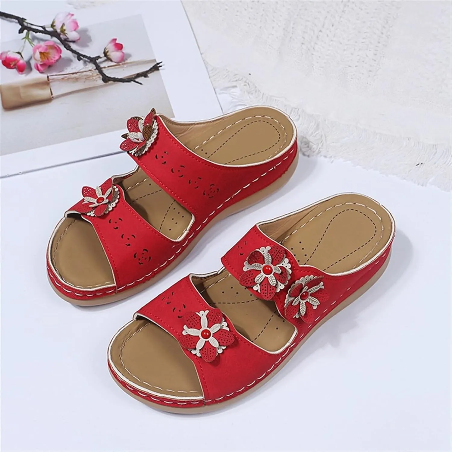 Sandals For Women Flats Open Toe Sandals Hollow Wedge Sandals Orthopedic Arch Support Slip-on Slippers Perforated Backstrap Sandals Flower
