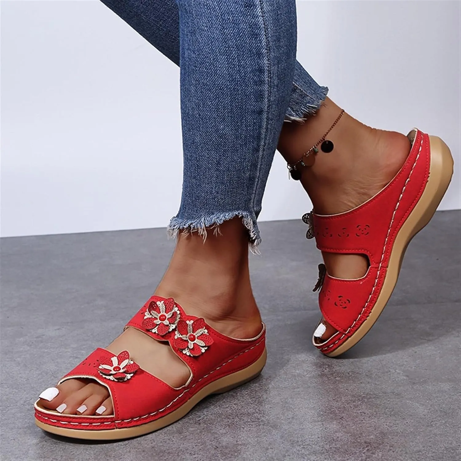 Sandals For Women Flats Open Toe Sandals Hollow Wedge Sandals Orthopedic Arch Support Slip-on Slippers Perforated Backstrap Sandals Flower