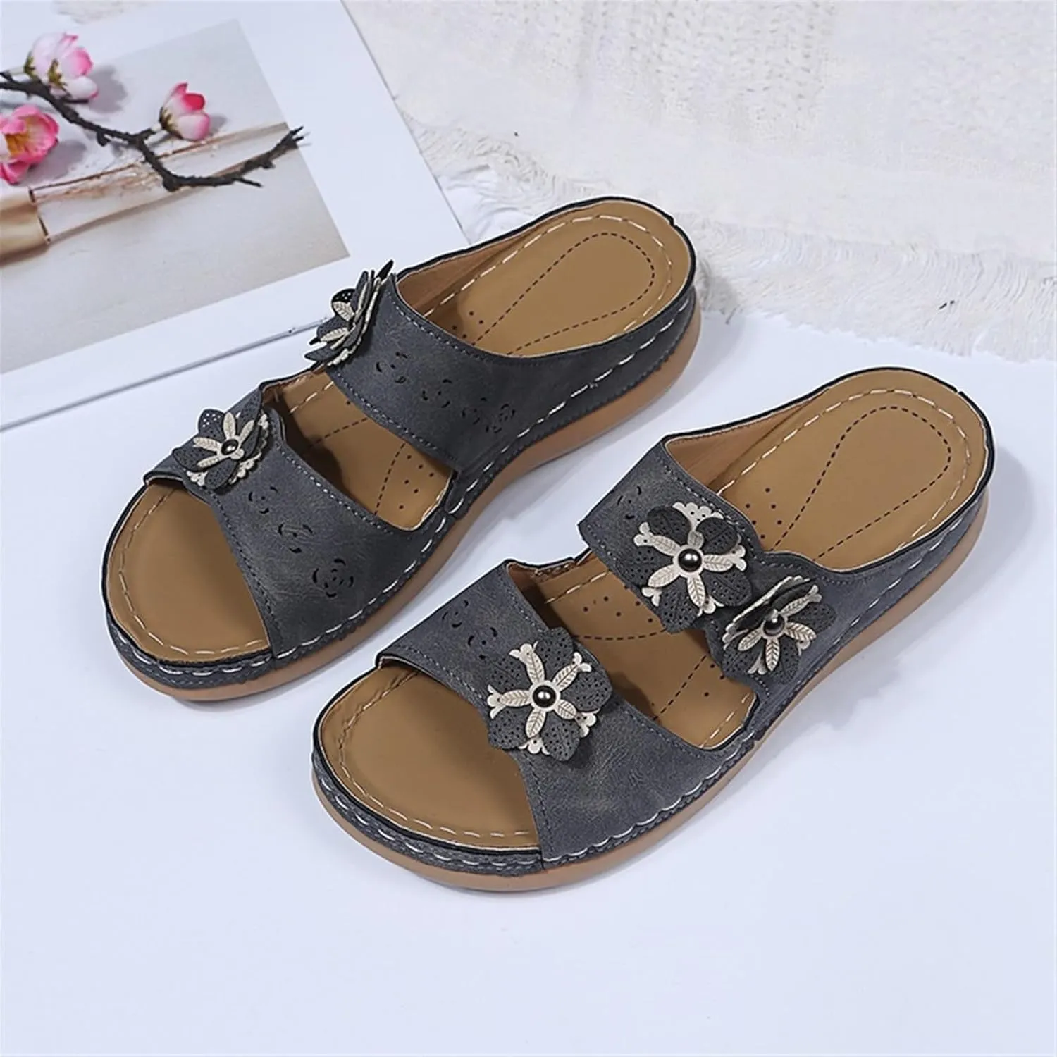 Sandals For Women Flats Open Toe Sandals Hollow Wedge Sandals Orthopedic Arch Support Slip-on Slippers Perforated Backstrap Sandals Flower