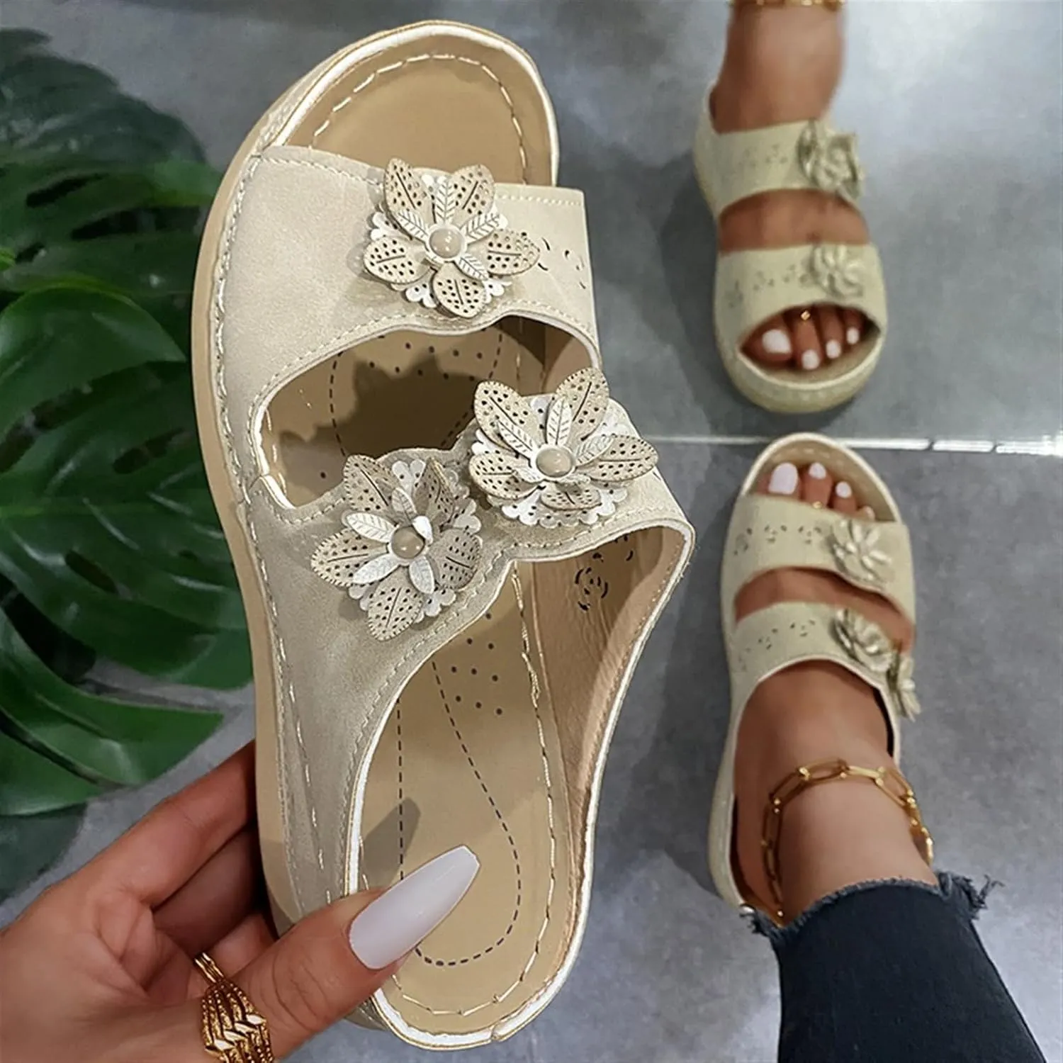 Sandals For Women Flats Open Toe Sandals Hollow Wedge Sandals Orthopedic Arch Support Slip-on Slippers Perforated Backstrap Sandals Flower