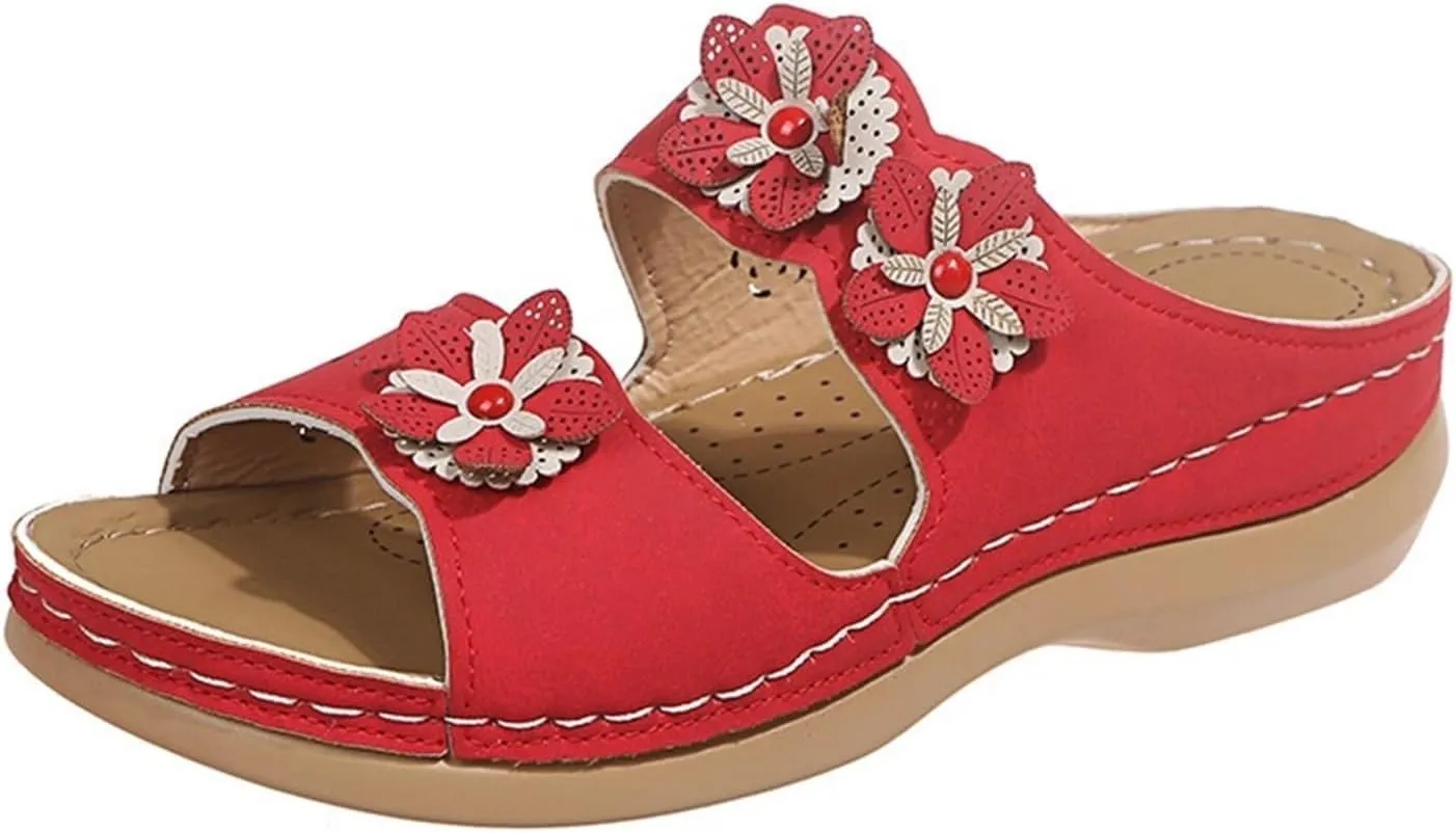 Sandals For Women Flats Open Toe Sandals Hollow Wedge Sandals Orthopedic Arch Support Slip-on Slippers Perforated Backstrap Sandals Flower