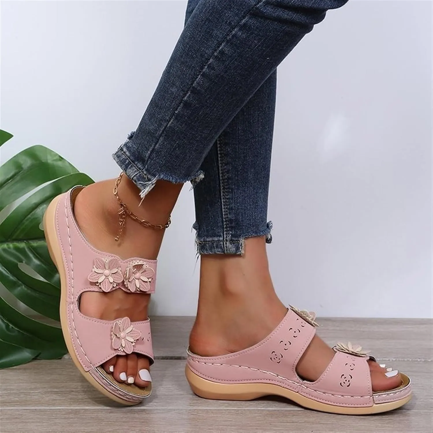 Sandals For Women Flats Open Toe Sandals Hollow Wedge Sandals Orthopedic Arch Support Slip-on Slippers Perforated Backstrap Sandals Flower