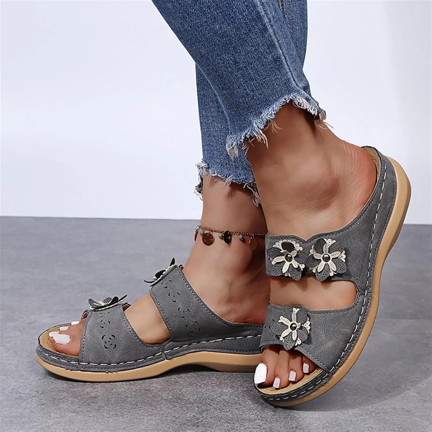 Sandals For Women Flats Open Toe Sandals Hollow Wedge Sandals Orthopedic Arch Support Slip-on Slippers Perforated Backstrap Sandals Flower