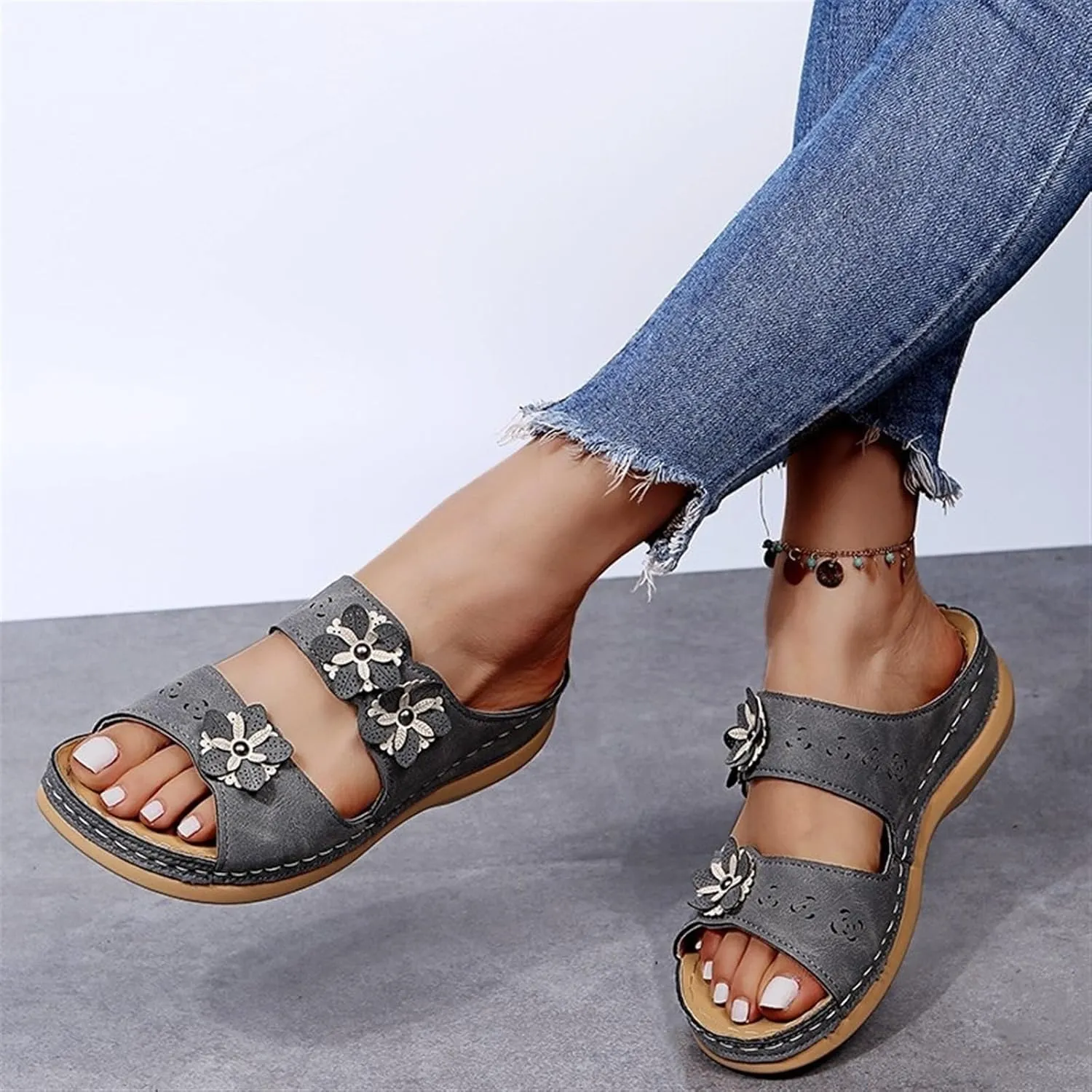Sandals For Women Flats Open Toe Sandals Hollow Wedge Sandals Orthopedic Arch Support Slip-on Slippers Perforated Backstrap Sandals Flower