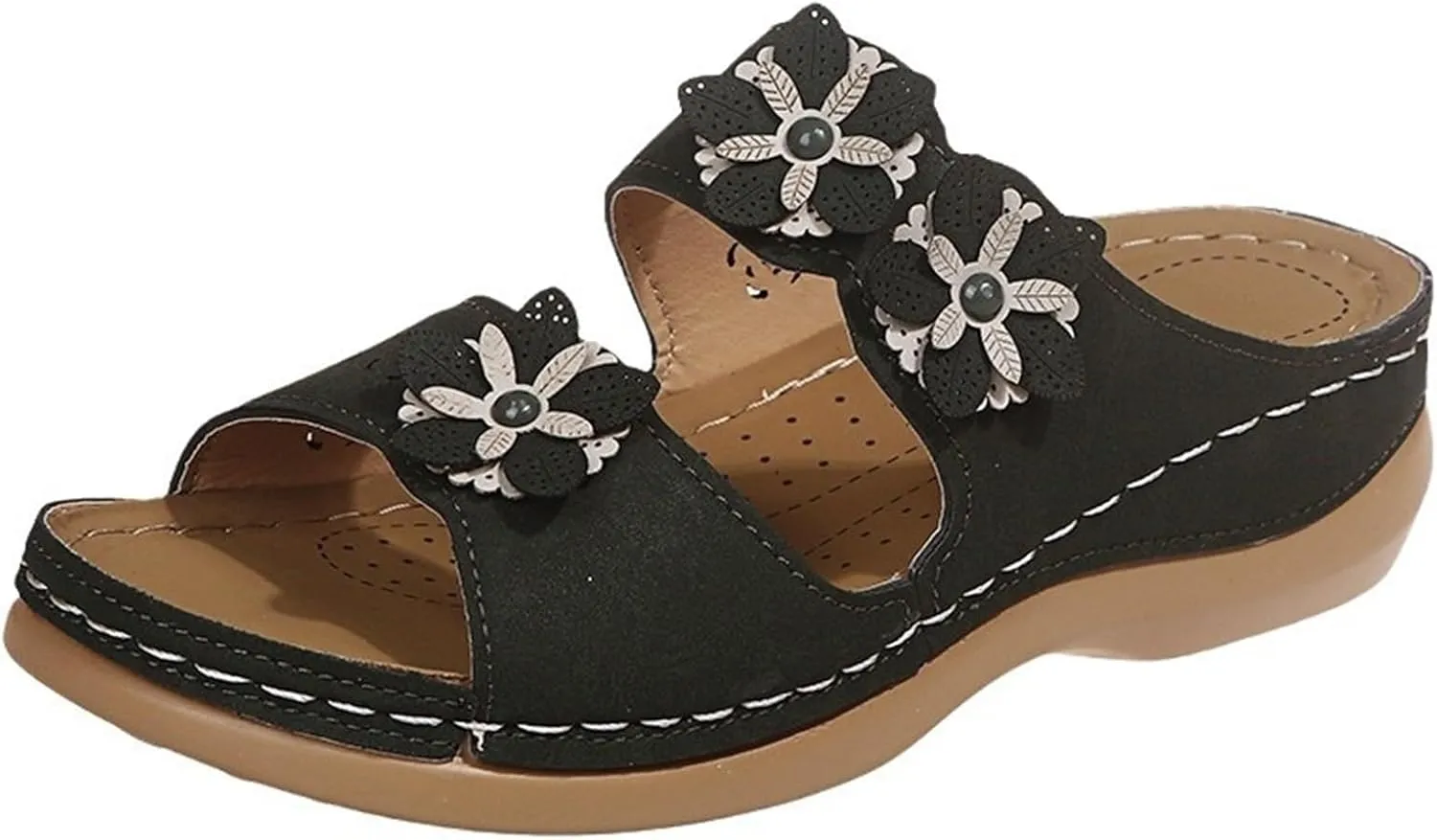Sandals For Women Flats Open Toe Sandals Hollow Wedge Sandals Orthopedic Arch Support Slip-on Slippers Perforated Backstrap Sandals Flower