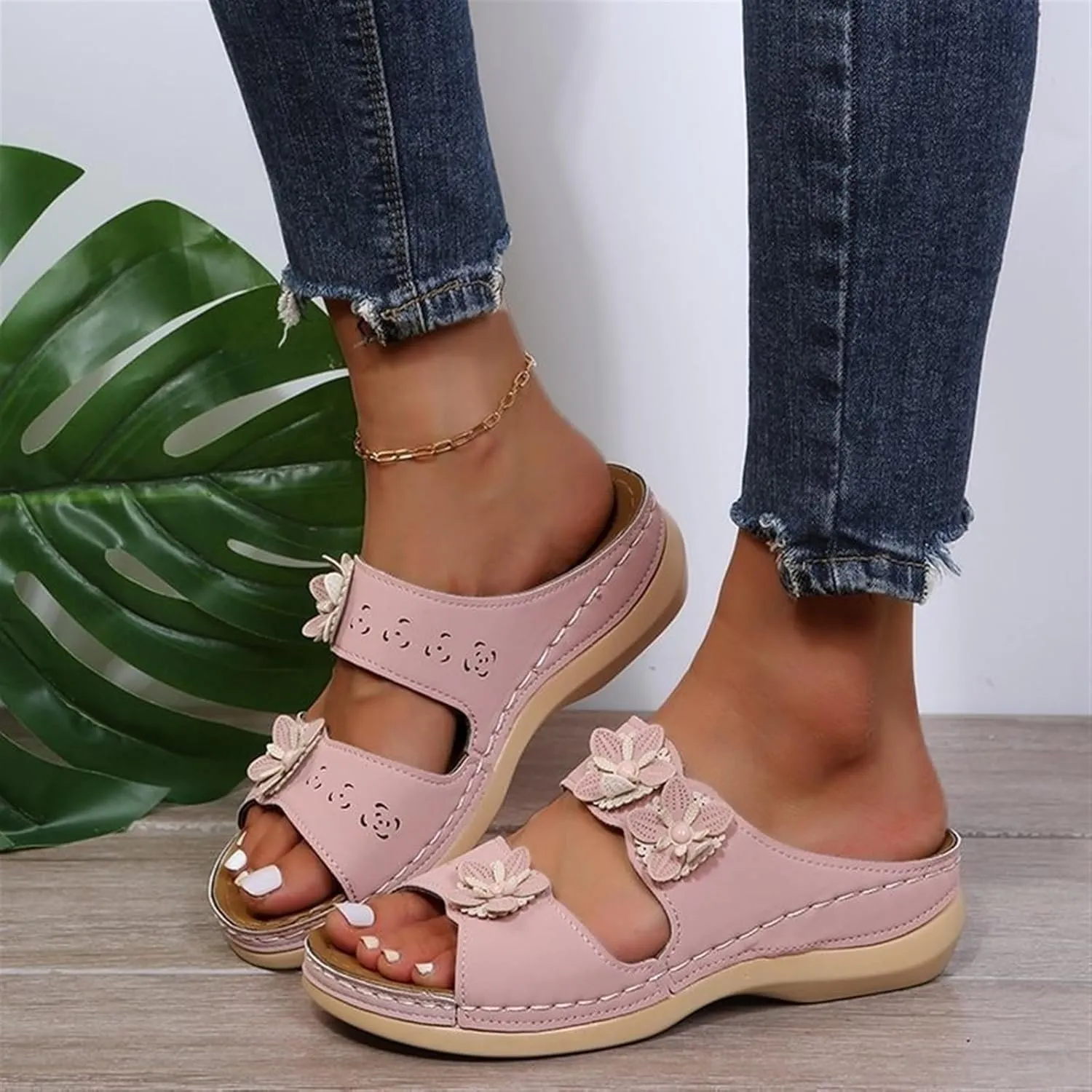 Sandals For Women Flats Open Toe Sandals Hollow Wedge Sandals Orthopedic Arch Support Slip-on Slippers Perforated Backstrap Sandals Flower