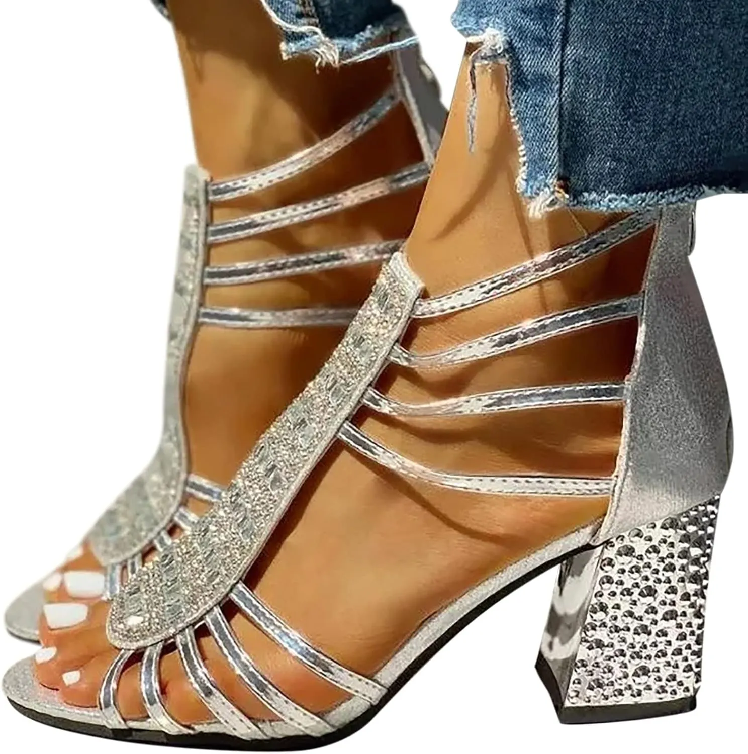 Sandals for Women Open Toe Low Chunky Heel Ankle Strap Shoes Fashion Block Dress Sandals with Back Zipper