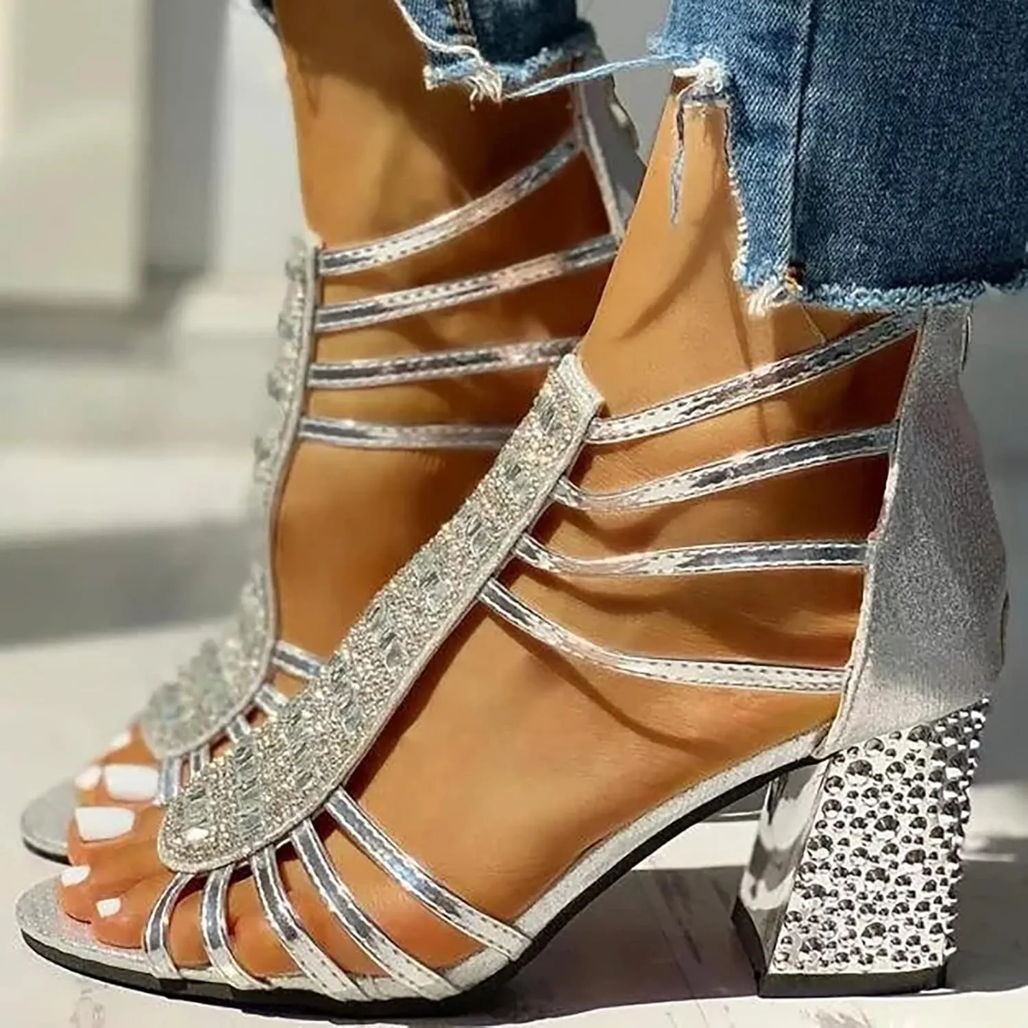 Sandals for Women Open Toe Low Chunky Heel Ankle Strap Shoes Fashion Block Dress Sandals with Back Zipper