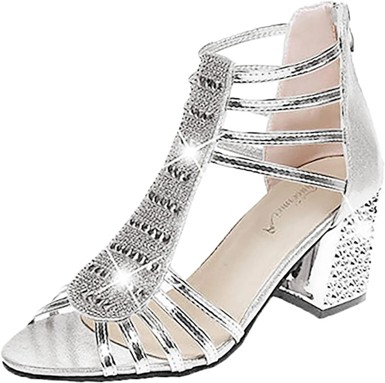 Sandals for Women Open Toe Low Chunky Heel Ankle Strap Shoes Fashion Block Dress Sandals with Back Zipper