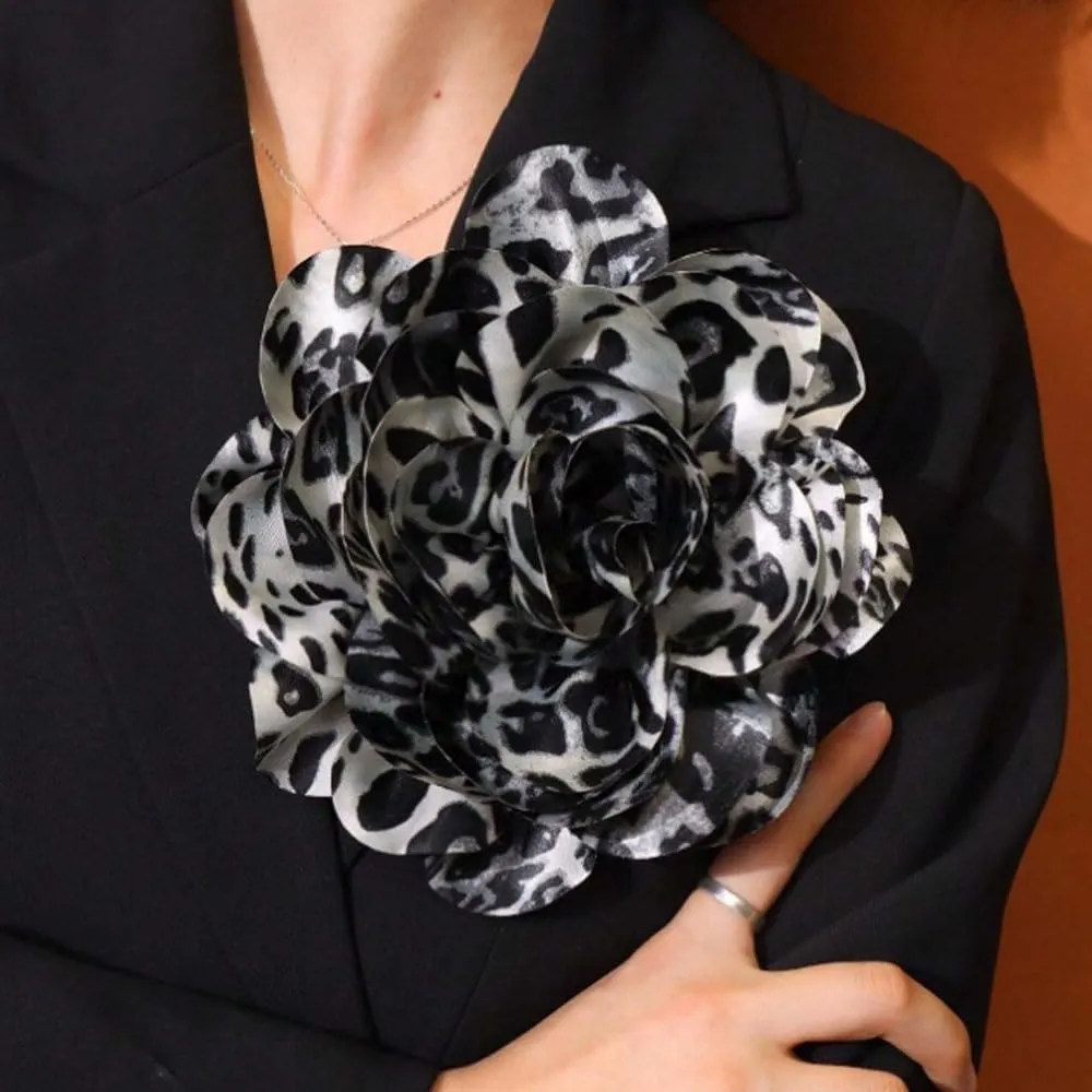 Satin Fabric Rose Flower Brooches Dainty Leopard print Dyed Large Brooches Pins for Women Elegant Rose Flower Brooches Wedding Party Dance Dress Suit Ceremony Clothes Accessories Jewelry 7.5in