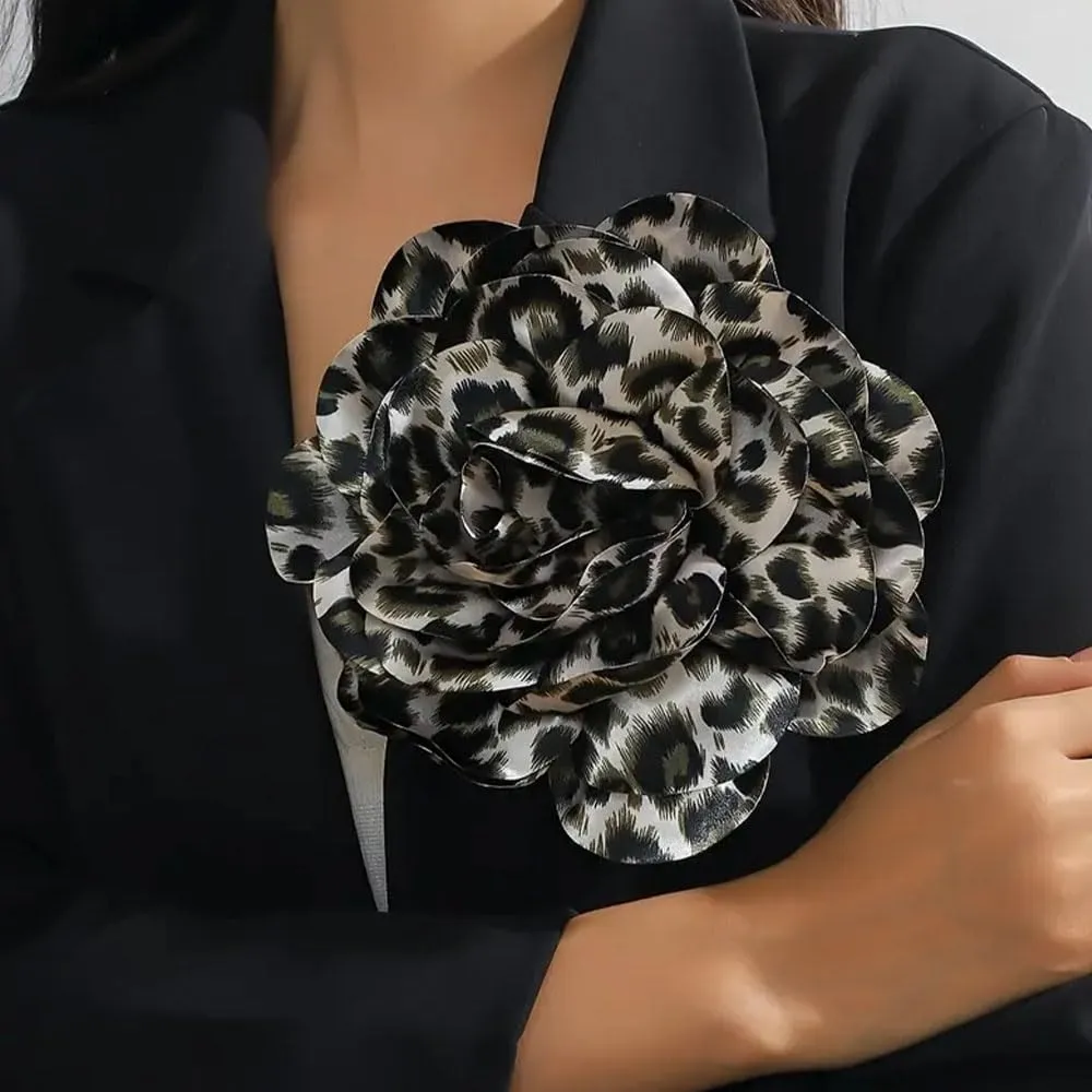 Satin Fabric Rose Flower Brooches Dainty Leopard print Dyed Large Brooches Pins for Women Elegant Rose Flower Brooches Wedding Party Dance Dress Suit Ceremony Clothes Accessories Jewelry 7.5in