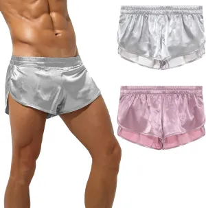 SEAUR Men's Satin Shorts Split Side Short Shorts Jockstrap Boxers Silky Pajama Bottom Shorts Loose Sleep Shorts Sleepwear