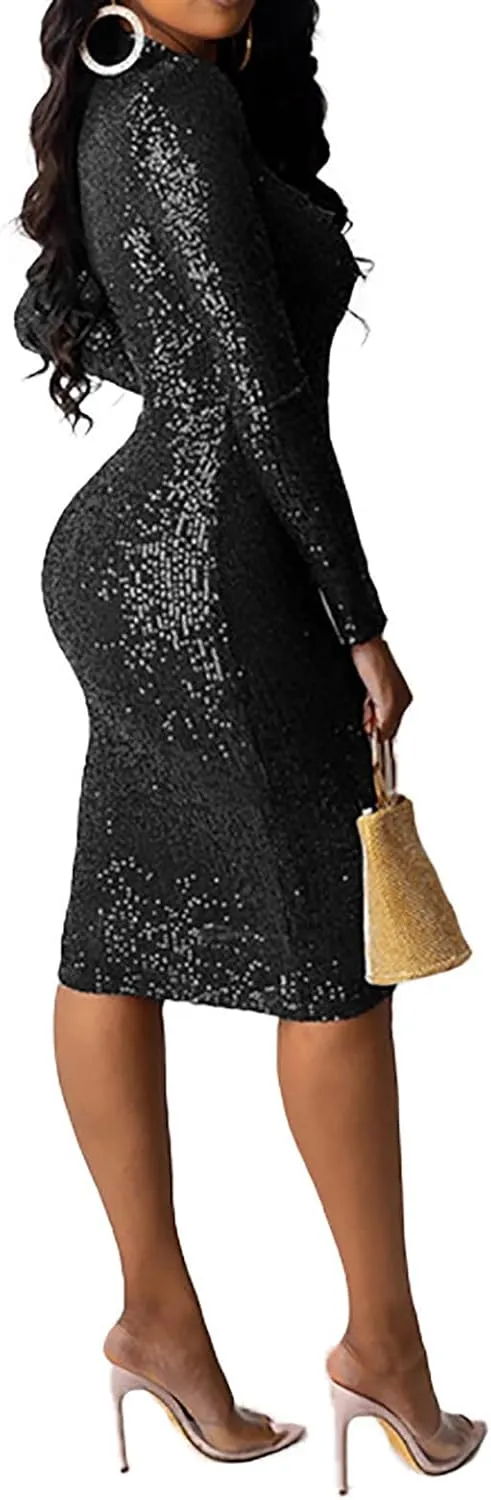Sequin Dress for Women High Neck Long Sleeve Sparkle Mini Dress Sparkly Party Club Bodycon Slim Cocktail Dresses