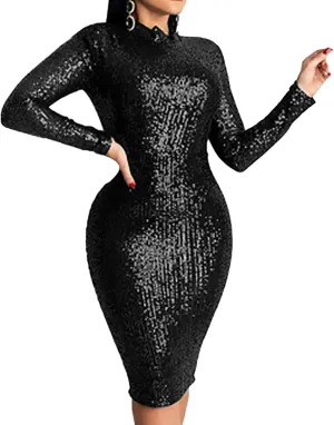 Sequin Dress for Women High Neck Long Sleeve Sparkle Mini Dress Sparkly Party Club Bodycon Slim Cocktail Dresses