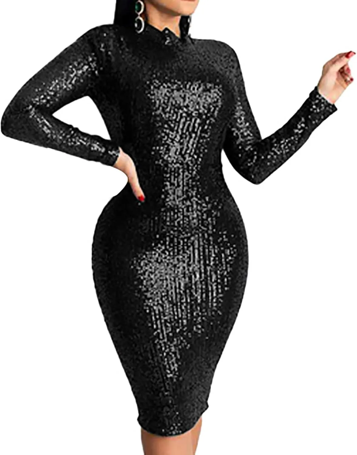 Sequin Dress for Women High Neck Long Sleeve Sparkle Mini Dress Sparkly Party Club Bodycon Slim Cocktail Dresses