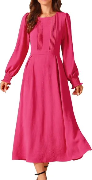 Seta T Women's Fall Midi Dress Frilled Crewneck Long Sleeve A-Line Elegant Flowy Casual Dresses with Pockets
