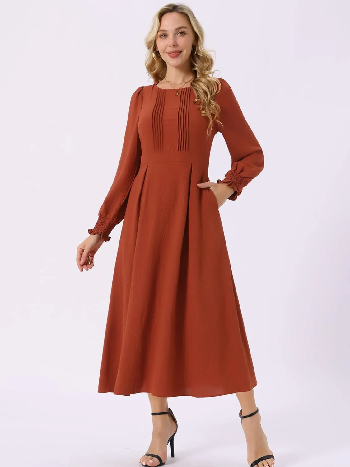 Seta T Women's Fall Midi Dress Frilled Crewneck Long Sleeve A-Line Elegant Flowy Casual Dresses with Pockets