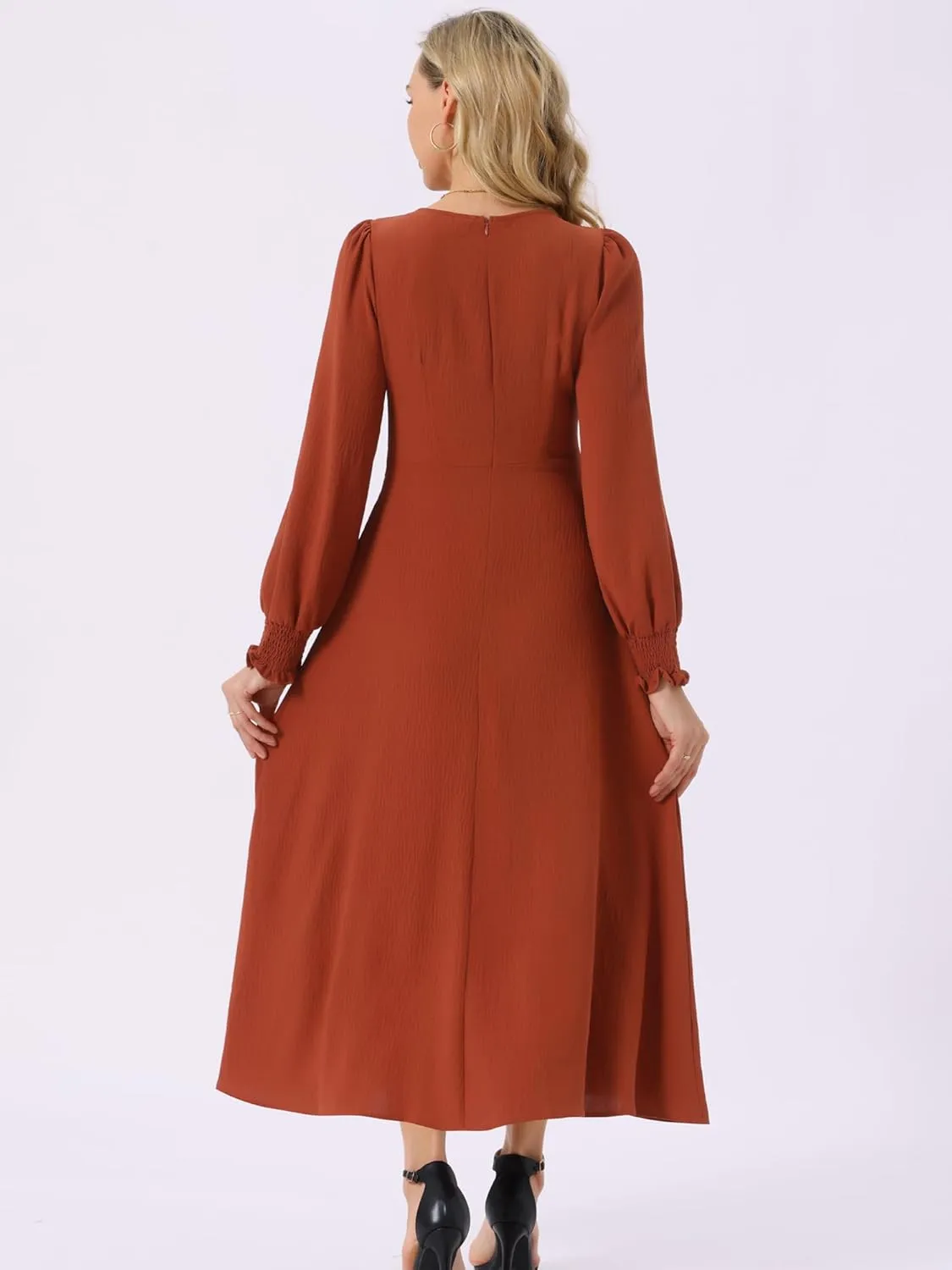 Seta T Women's Fall Midi Dress Frilled Crewneck Long Sleeve A-Line Elegant Flowy Casual Dresses with Pockets