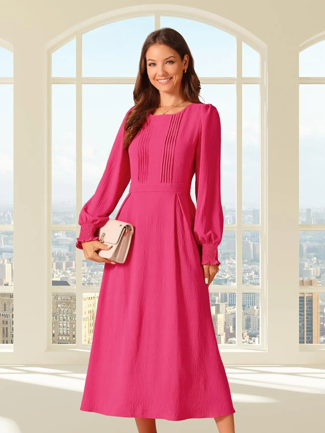Seta T Women's Fall Midi Dress Frilled Crewneck Long Sleeve A-Line Elegant Flowy Casual Dresses with Pockets