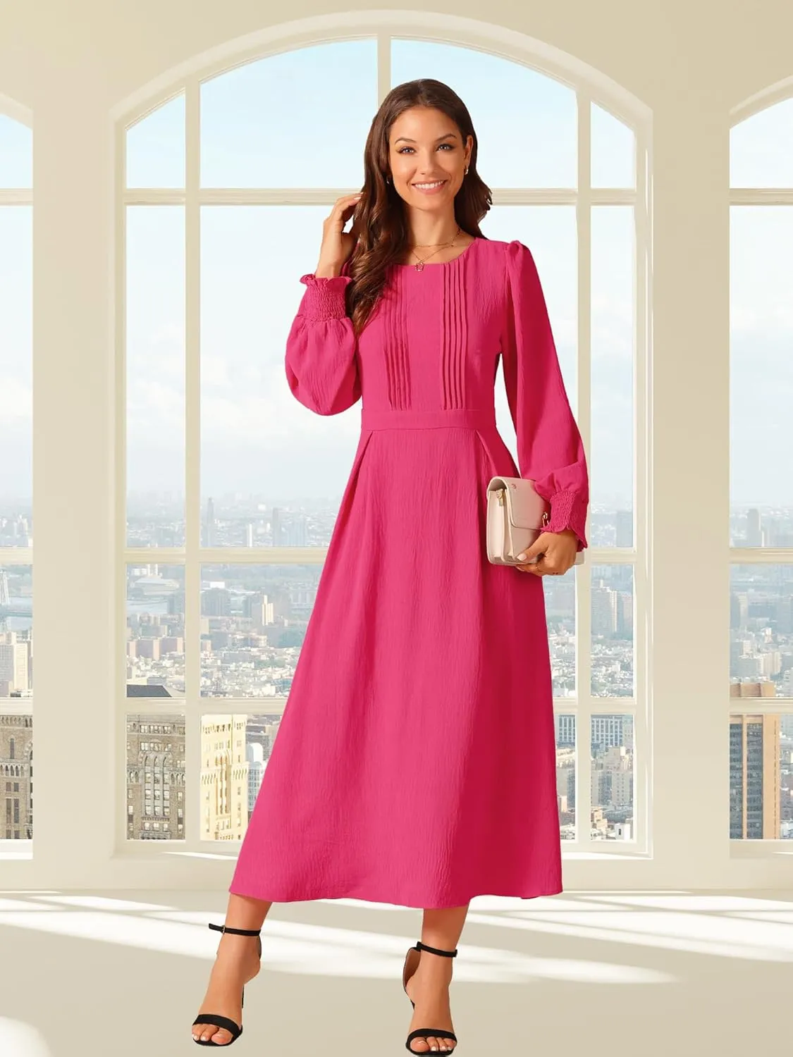 Seta T Women's Fall Midi Dress Frilled Crewneck Long Sleeve A-Line Elegant Flowy Casual Dresses with Pockets