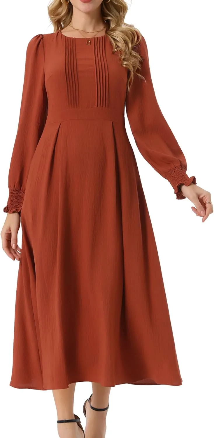 Seta T Women's Fall Midi Dress Frilled Crewneck Long Sleeve A-Line Elegant Flowy Casual Dresses with Pockets