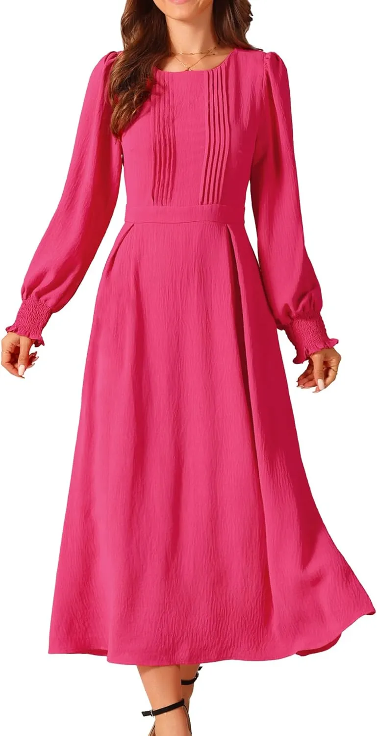 Seta T Women's Fall Midi Dress Frilled Crewneck Long Sleeve A-Line Elegant Flowy Casual Dresses with Pockets
