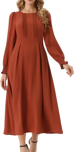 Seta T Women's Fall Midi Dress Frilled Crewneck Long Sleeve A-Line Elegant Flowy Casual Dresses with Pockets