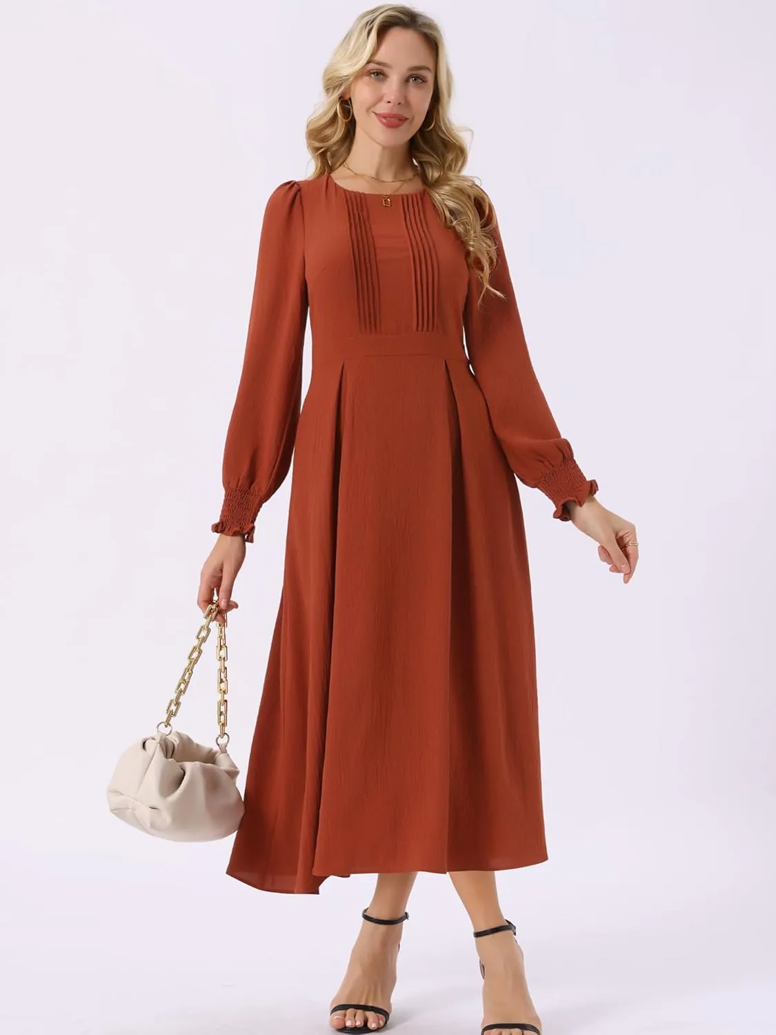 Seta T Women's Fall Midi Dress Frilled Crewneck Long Sleeve A-Line Elegant Flowy Casual Dresses with Pockets