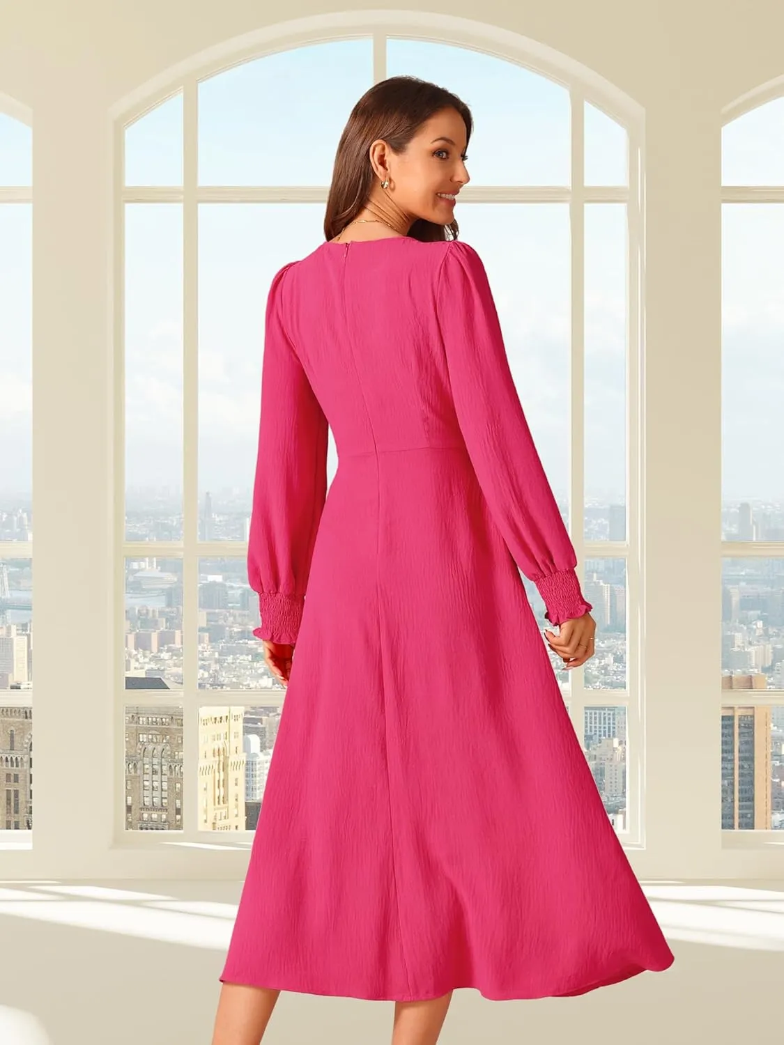 Seta T Women's Fall Midi Dress Frilled Crewneck Long Sleeve A-Line Elegant Flowy Casual Dresses with Pockets