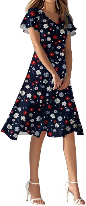 Sexy Dresses for Women Date Night V Neck Boho Knee Length Summer 2025 Tie Dye Floral Short Sleeve Short Skirt