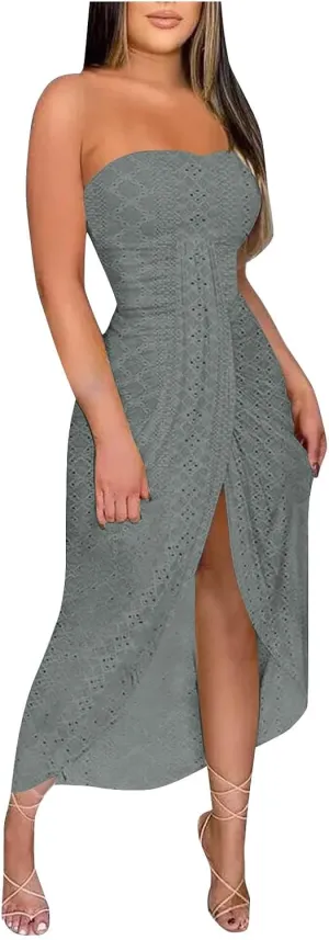 Sexy Dresses for Women Trendy Strapless Wrap Slit Eyelet Dress Fashion High Waist Ruched Bodycon Cocktail Party Dress