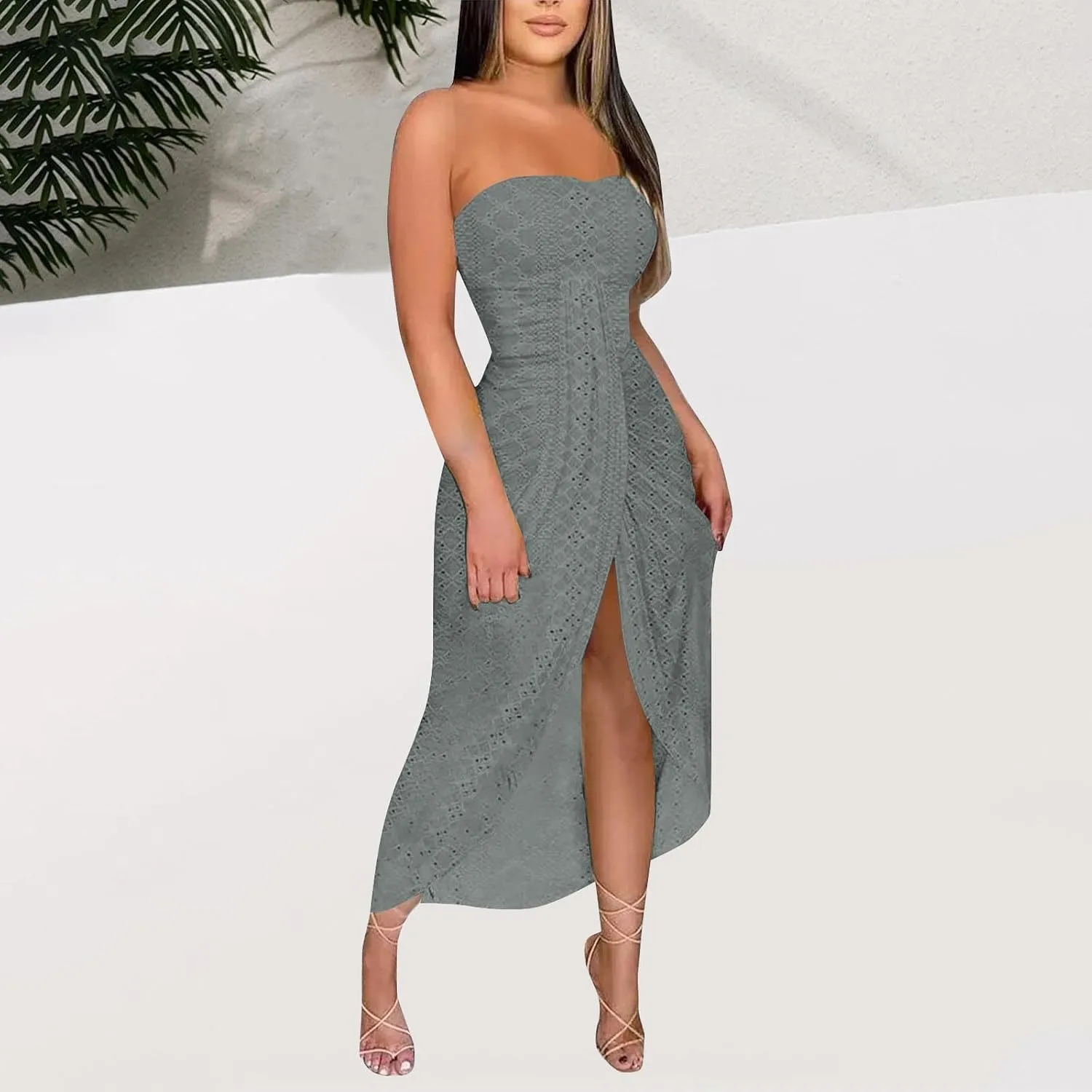 Sexy Dresses for Women Trendy Strapless Wrap Slit Eyelet Dress Fashion High Waist Ruched Bodycon Cocktail Party Dress