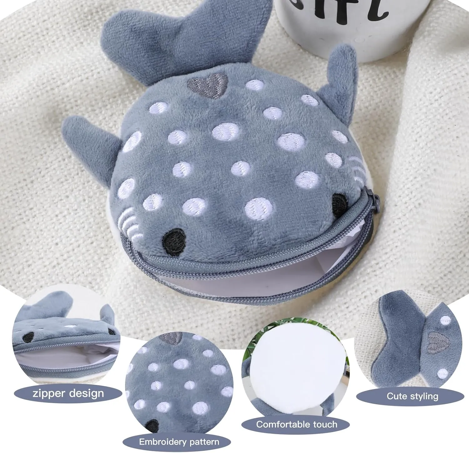 Shark Coin Purse Mini Cute Change Purses Small Cartoon Coin Pouch Funny Zipper Cosmetic Bag Earphone Wallet Small Items Bags for Women (Grey)