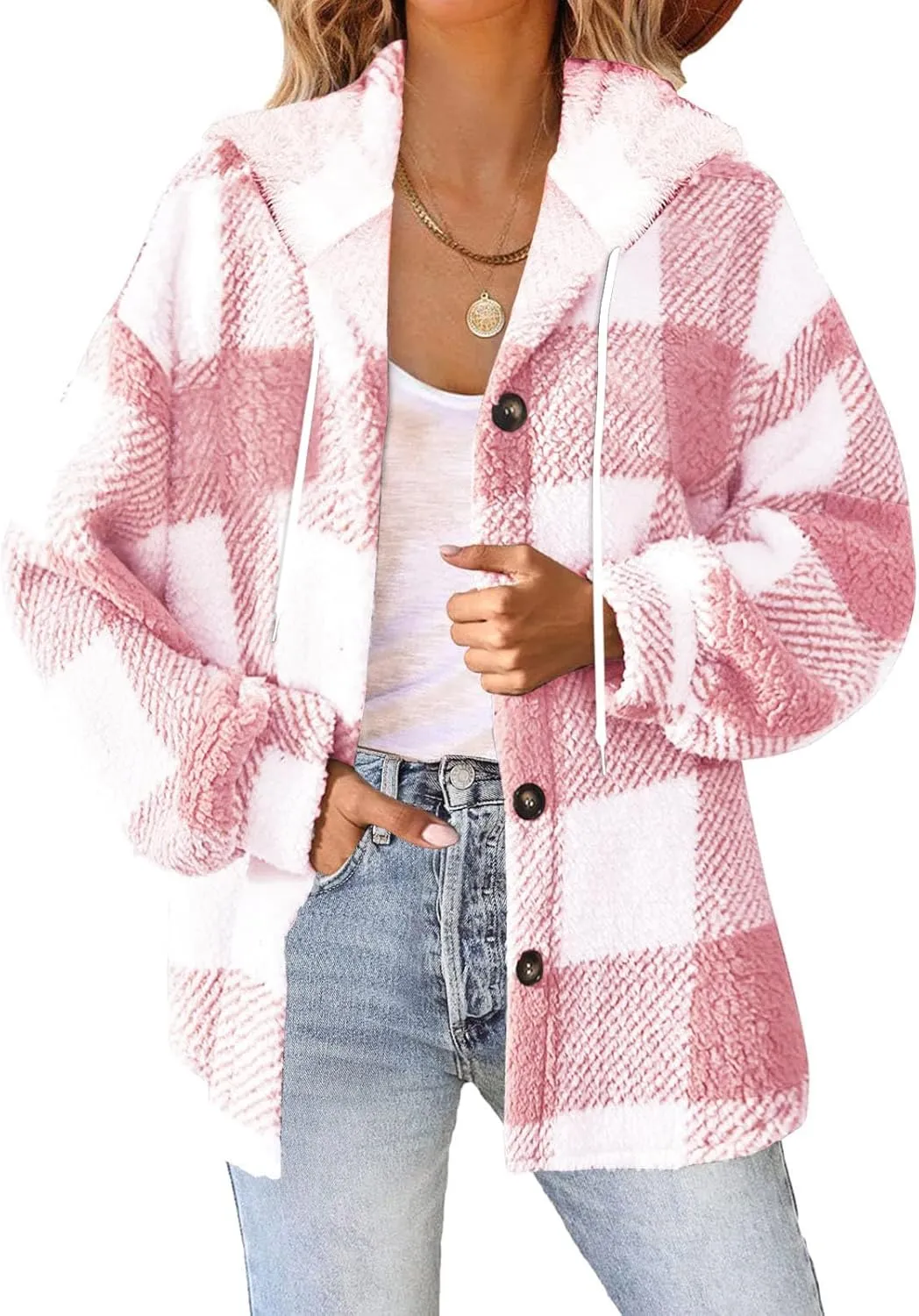 Sherpa Shacket Jackets for Women Winter Long Sleeve Button Hoodies Oversized Fuzzy Fleece Plaid Coat Outdoor Outerwear