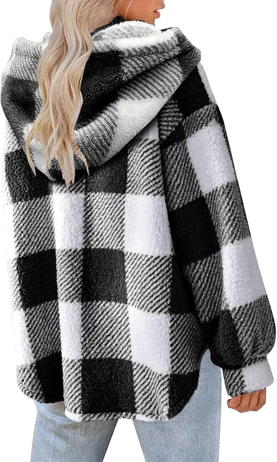 Sherpa Shacket Jackets for Women Winter Long Sleeve Button Hoodies Oversized Fuzzy Fleece Plaid Coat Outdoor Outerwear