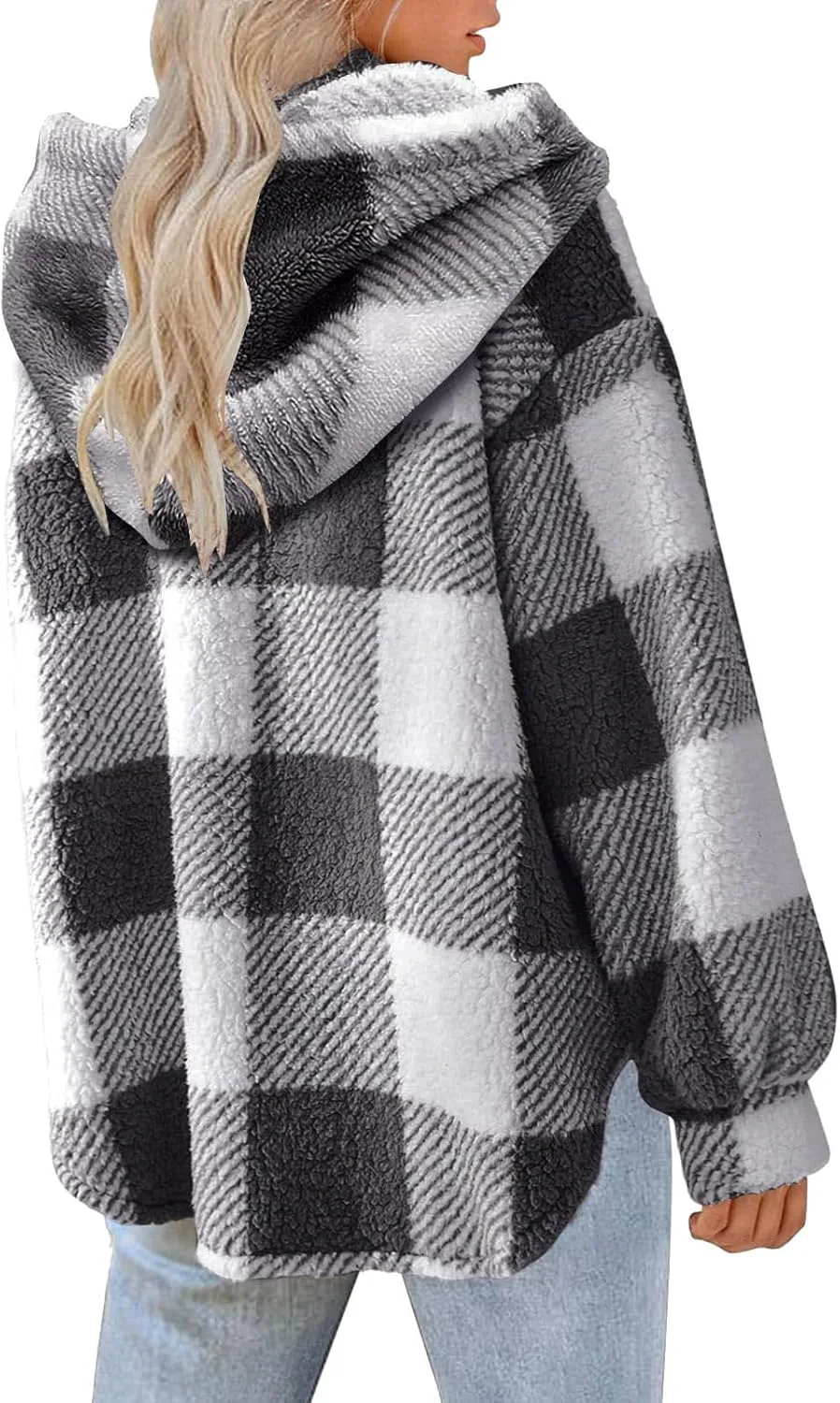 Sherpa Shacket Jackets for Women Winter Long Sleeve Button Hoodies Oversized Fuzzy Fleece Plaid Coat Outdoor Outerwear