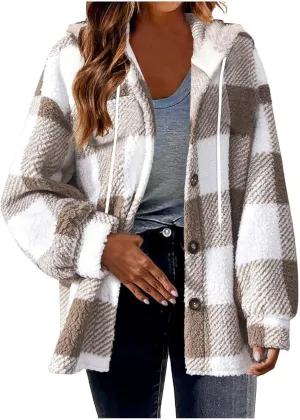 Sherpa Shacket Jackets for Women Winter Long Sleeve Button Hoodies Oversized Fuzzy Fleece Plaid Coat Outdoor Outerwear