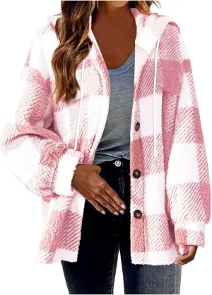 Sherpa Shacket Jackets for Women Winter Long Sleeve Button Hoodies Oversized Fuzzy Fleece Plaid Coat Outdoor Outerwear